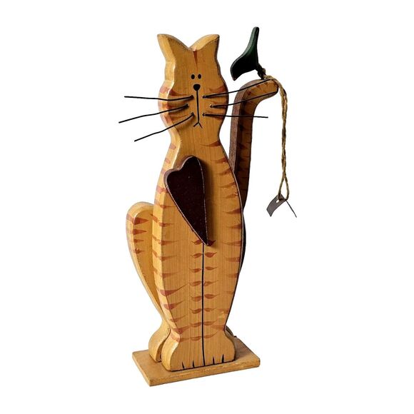 Cat Folk Art Wooden Figure with Bird Wire Whiskers 8" Primitive Tabby - Picture 2 of 8